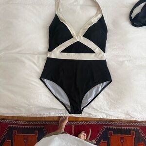 Boden Black & Cream Halter One-Piece Swimsuit